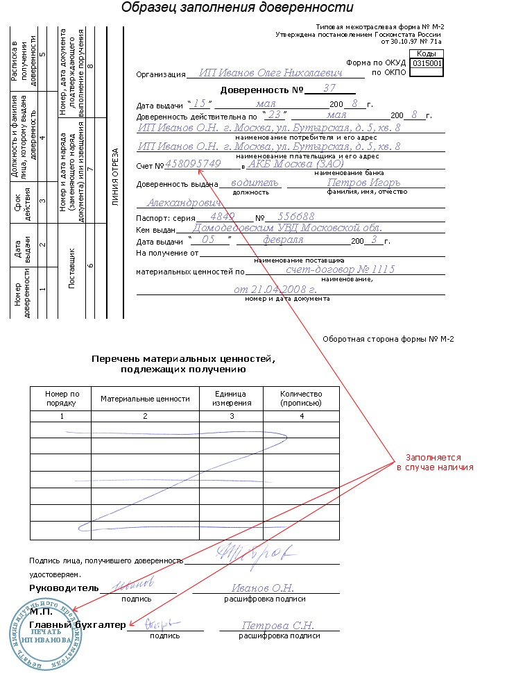 Образец заполненной доверенности